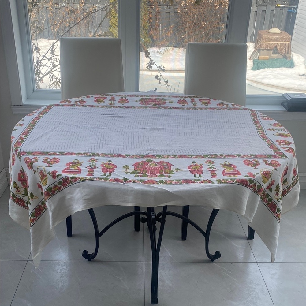 VINTAGE Linen Square Dutch inspired Tablecloth with Red and Green Accents.